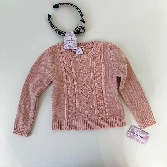 Tommy Bahama Toddler Girl 3 Piece Set- Chenille Sweater, Plaid Skirt & Headband - Picture 2 of 10